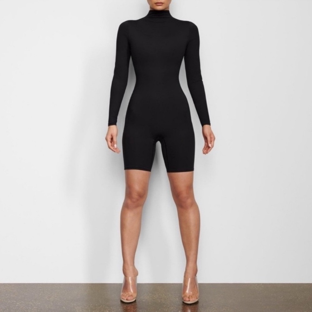 SKIMS Black Long-Sleeve Turtleneck Romper